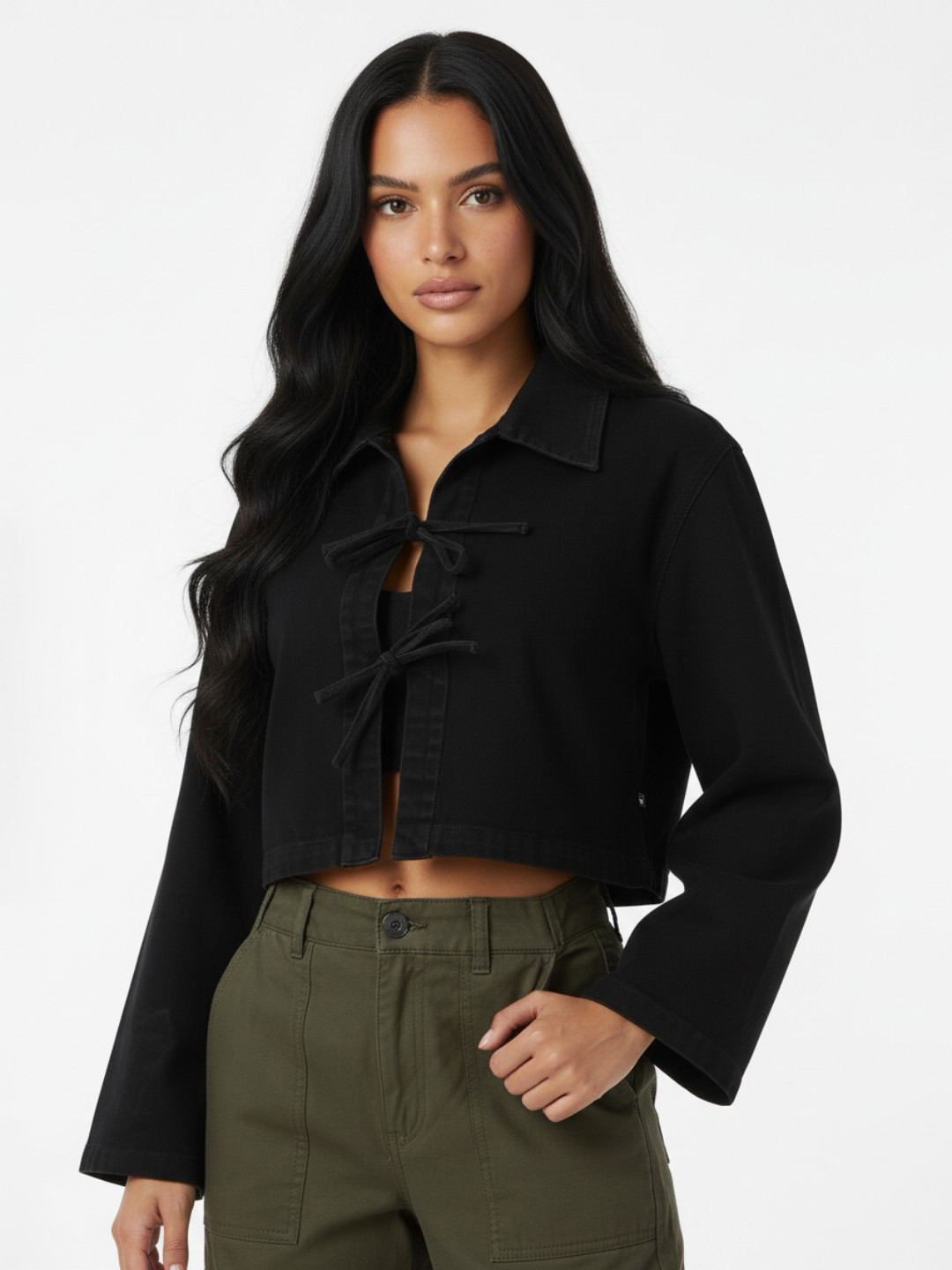 glitchez Spread Collar Crop Denim Jacket With Tie-Up Closure