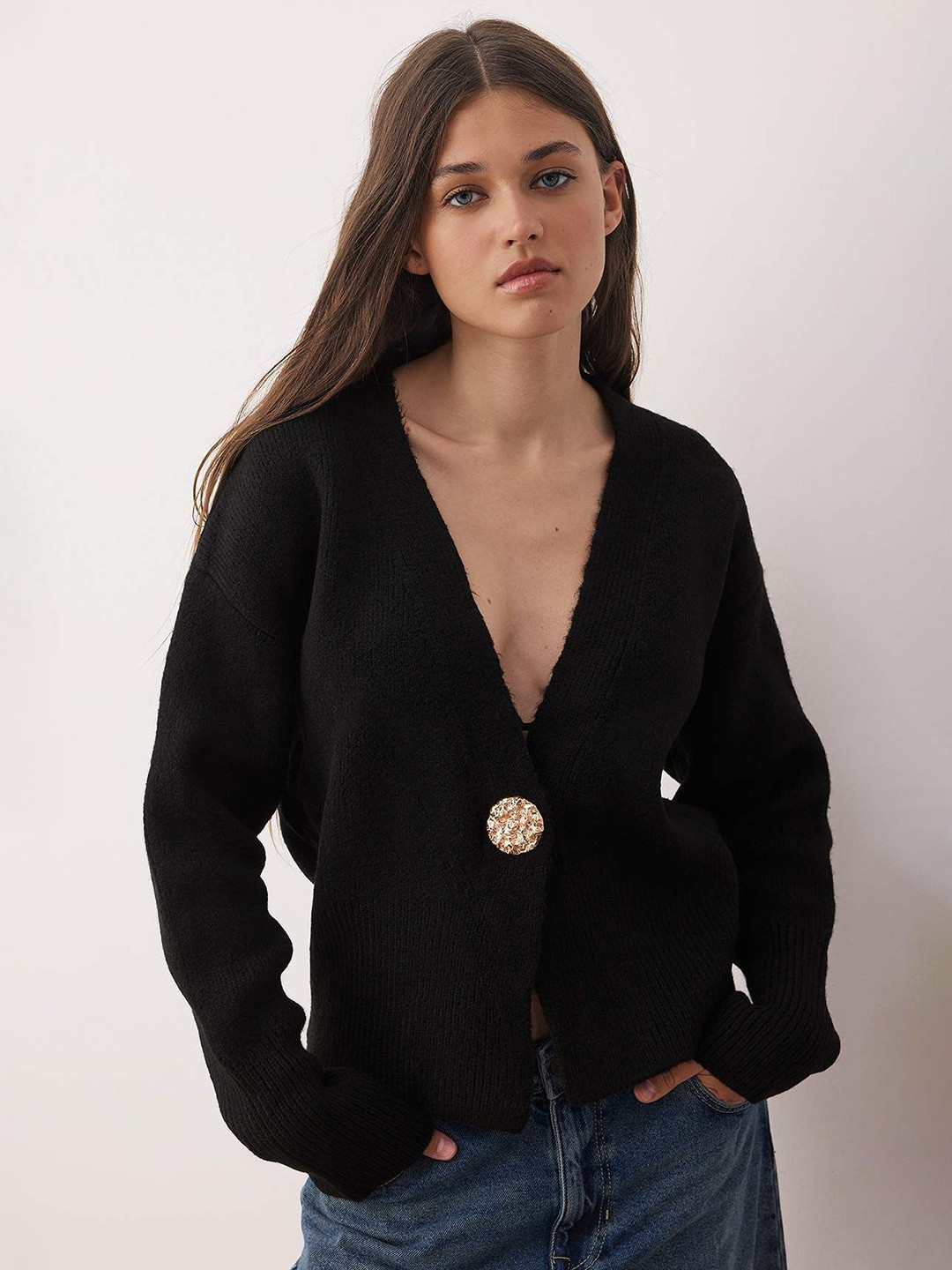 Trendyol Siyah Women Ribbed V-Neck Cardigan