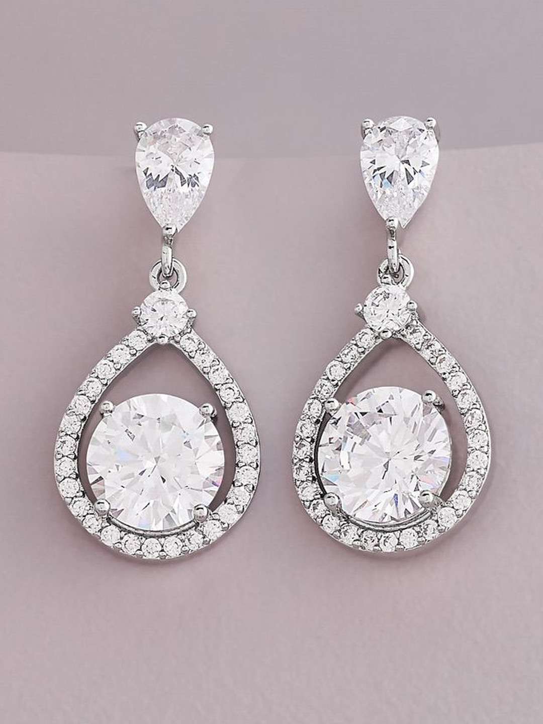 Kushal's Fashion Jewellery Rhodium-Plated Party Zircon Teardrop Shaped Drop Earrings
