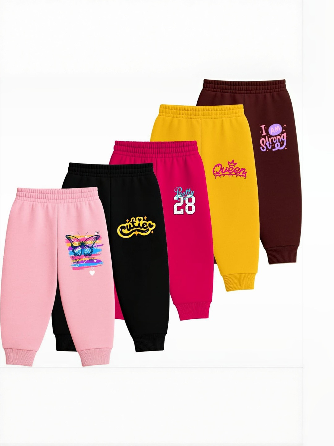 LITTLE LUSH Infant Girls Pack Of 5 Graphic Printed Pure Cotton Joggers