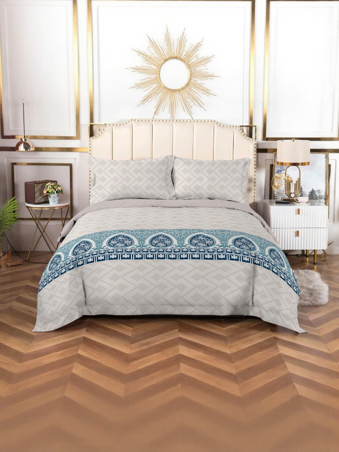 BOMBAY DYEING Grey & Blue Floral Cotton 210 TC Super King Bedsheet Set 88'' x 96''