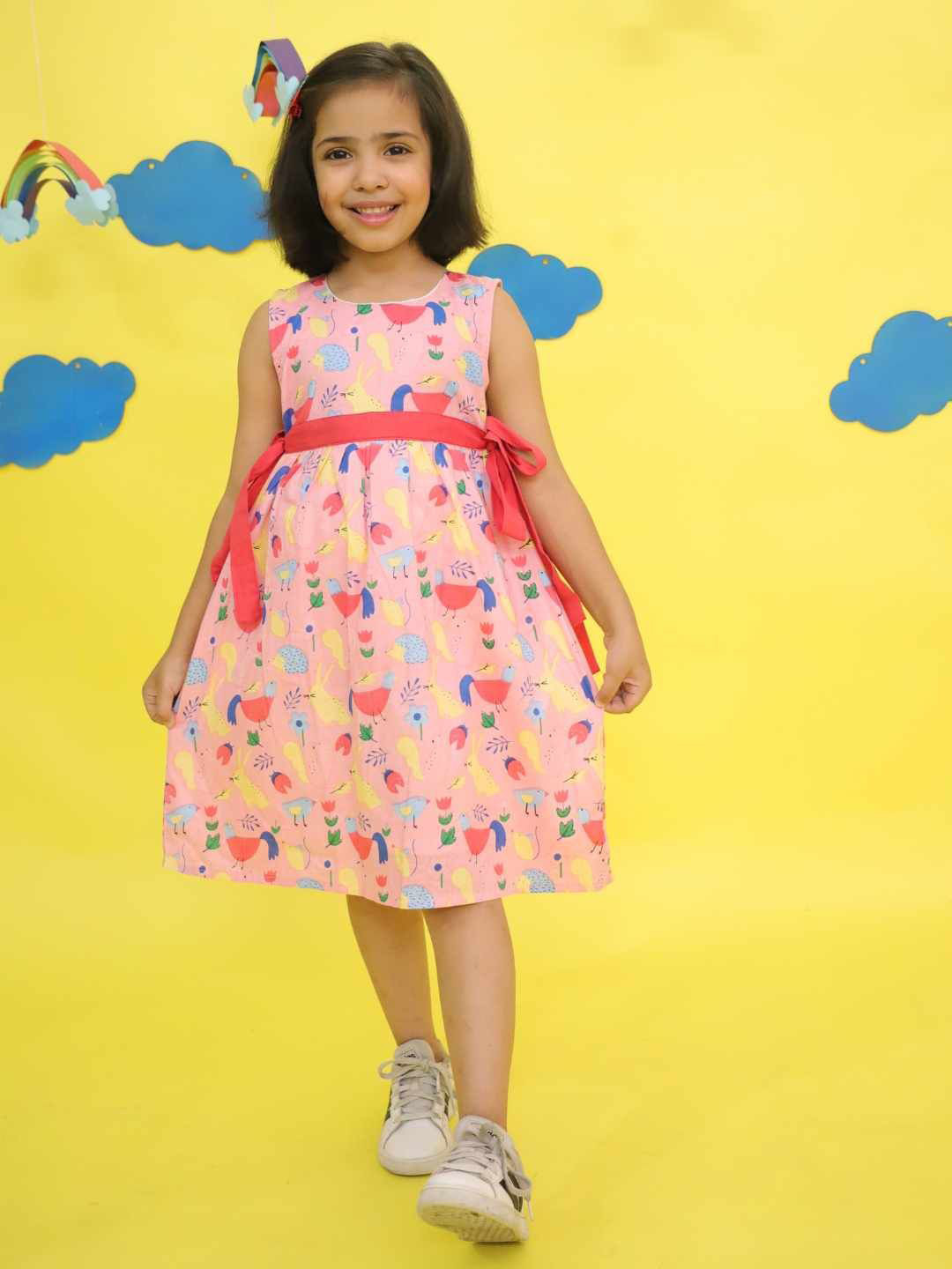 Sangria Girls Conversational Printed Cotton Round Neck Fit & Flare Dress Comes with a belt