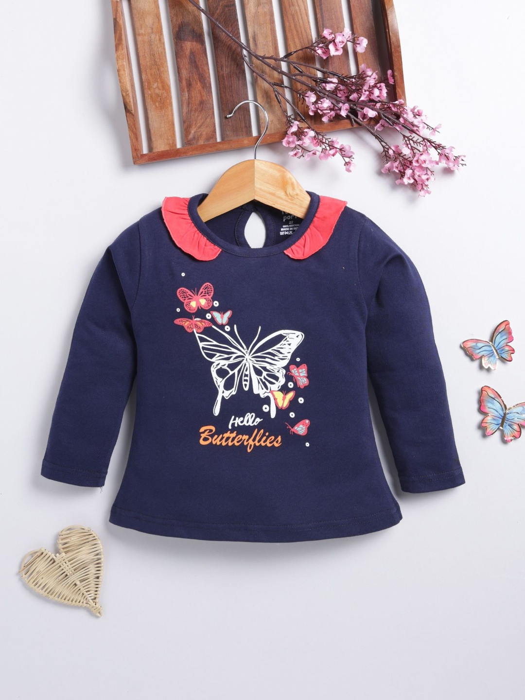 Toonyport Girls Graphic Printed Ruffles Round Neck Cotton Top