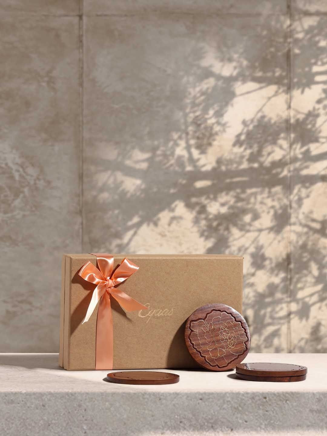 Eyaas 4-Pcs Brown Wooden Marigold Brass Inlay Coasters Gift Pack