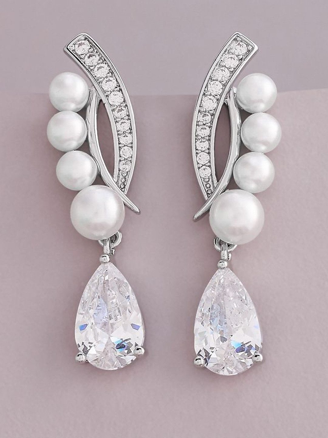 Kushal's Fashion Jewellery Rhodium-Plated Contemporary Zircon & Pearl Drop Earrings