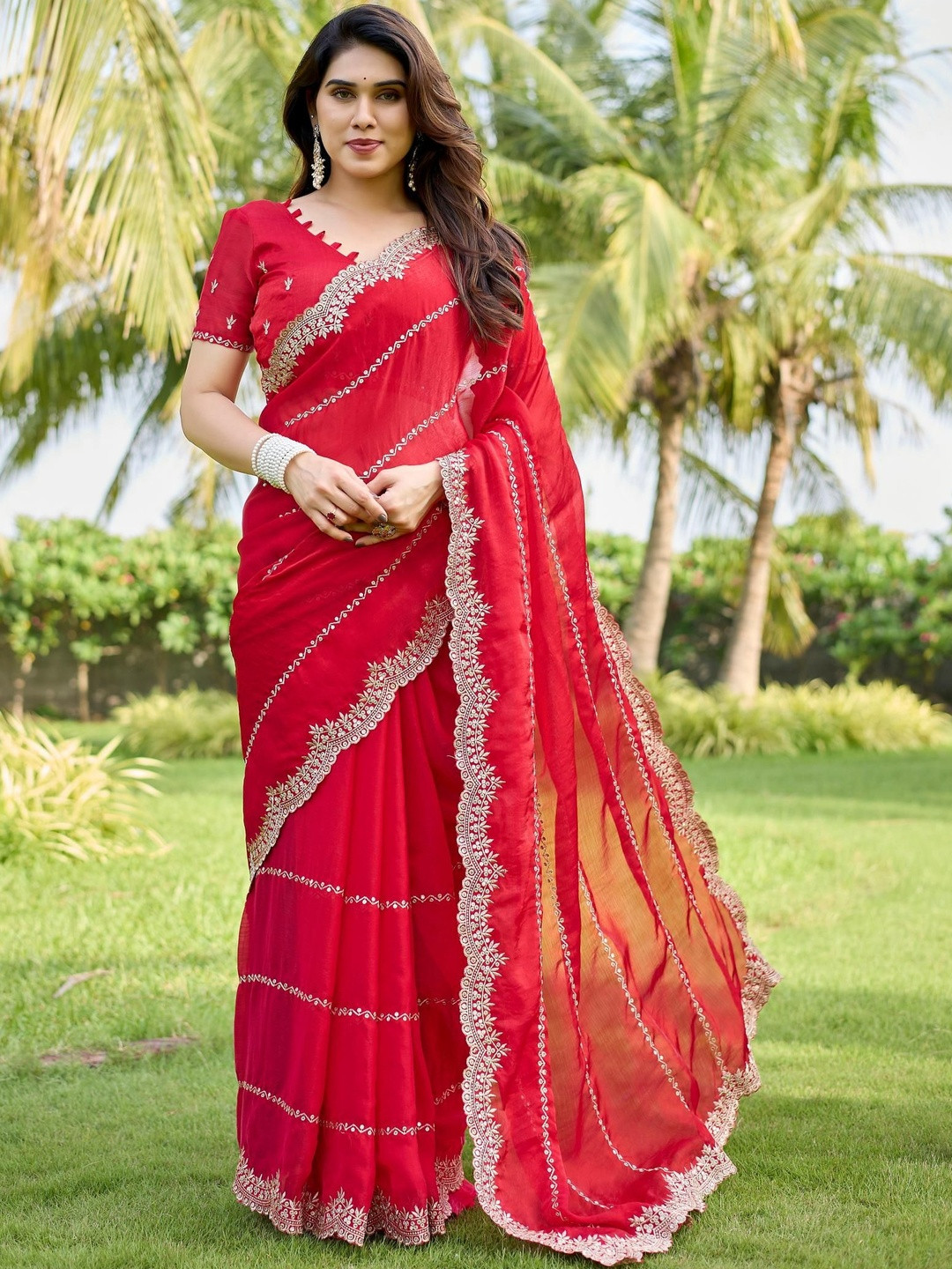 MAHALASA Embellished Embroidered Pure Chiffon Heavy Work Saree