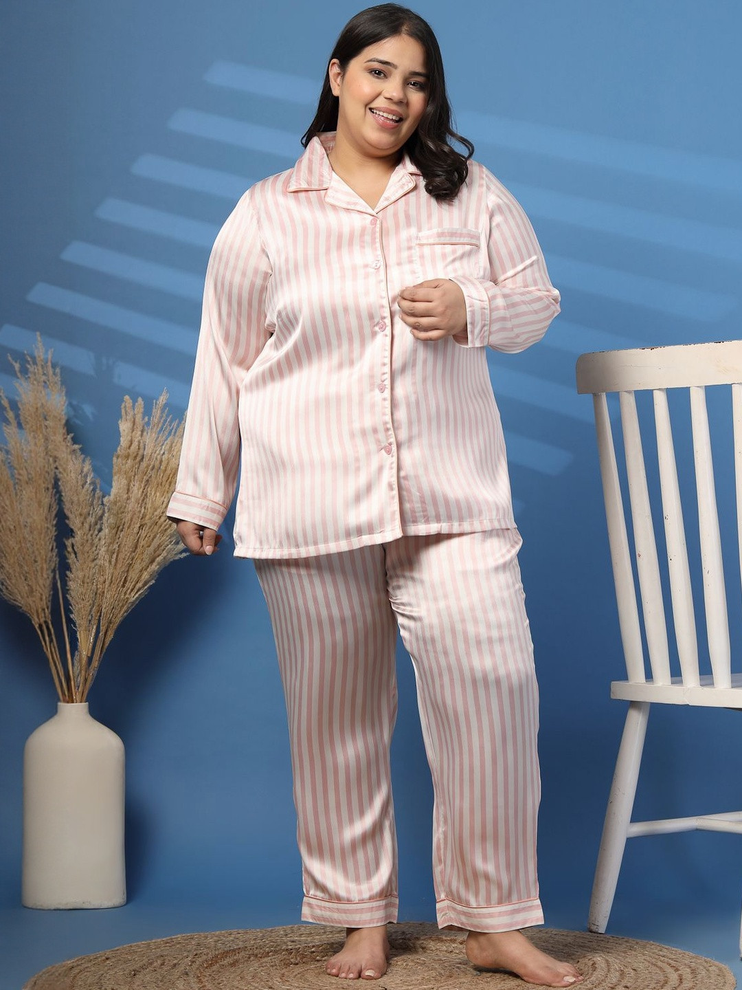 plusS Women Plus Size Striped Lapel Collar Shirt & Pyjamas Night suit