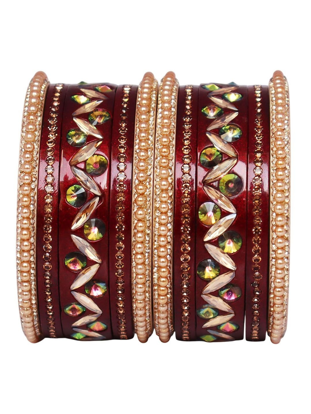 TAJ BRIDAL STORE Set Of 10 Kundan-Studded & Beaded Bridal-Style Bangles