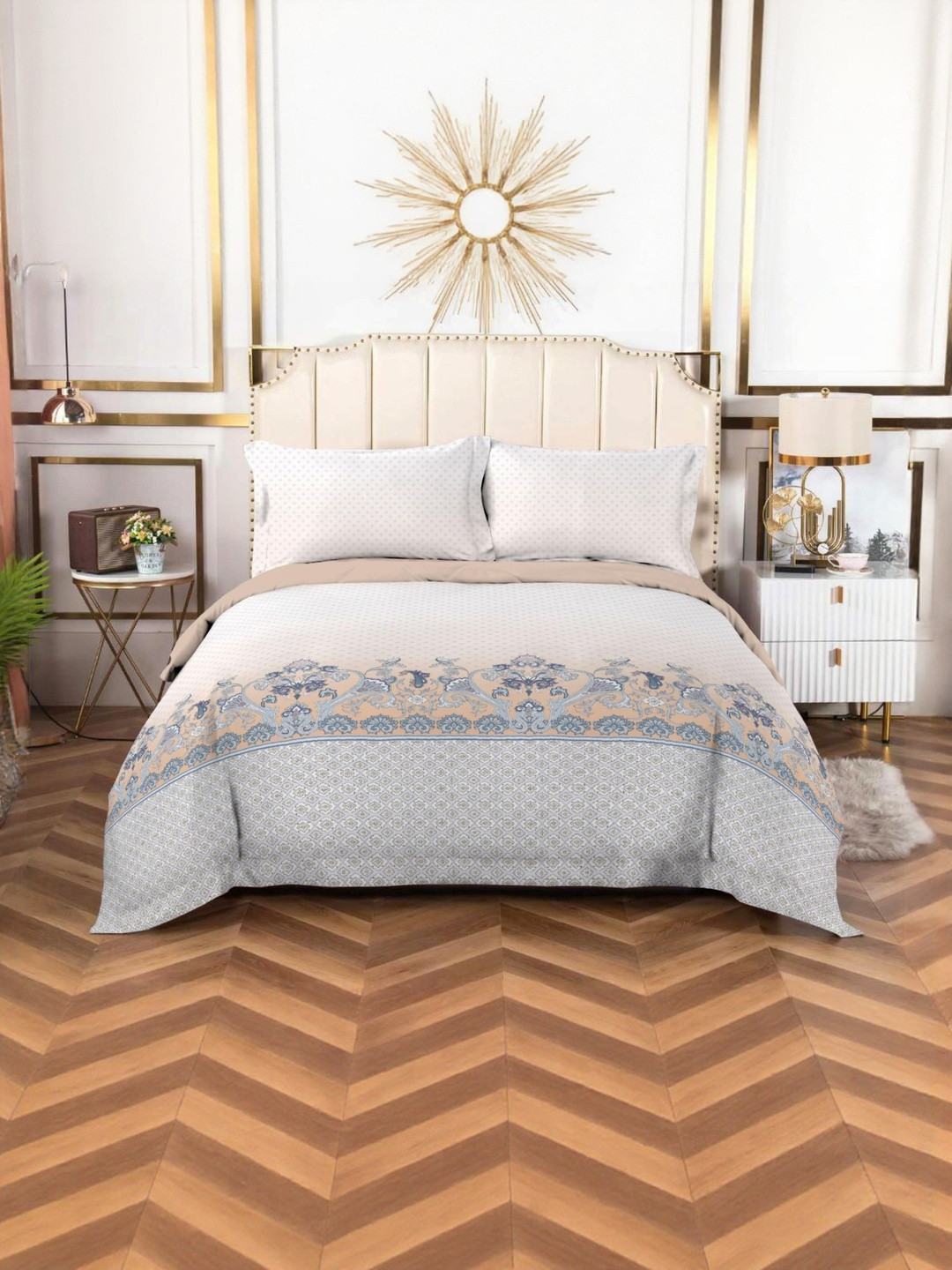 BOMBAY DYEING Grey Floral Cotton 210 TC Super King Bedsheet Set 88'' x 96''