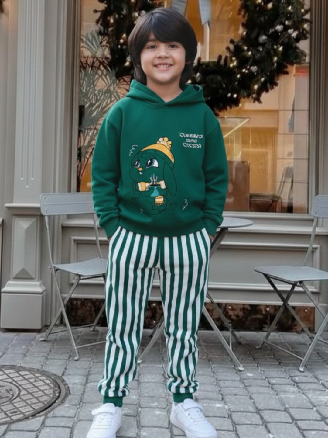 Nap Chief Kids Cuddles & Cocoa Printed Pure Cotton Hooded Sweatshirt With Striped Joggers