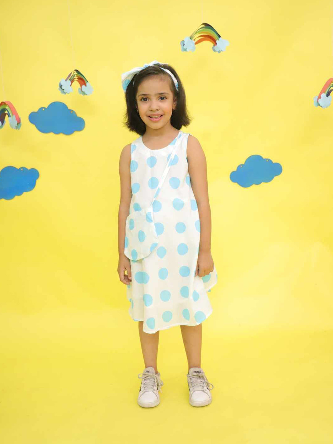 Sangria Girls Polka Dot Printed Round Neck Sleeveless Cotton A-Line Midi Dress