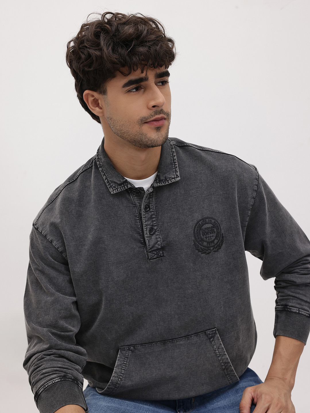 The Roadster Life Co. Embroidered Brand Logo Detail Denim Relaxed Fit Sweatshirt