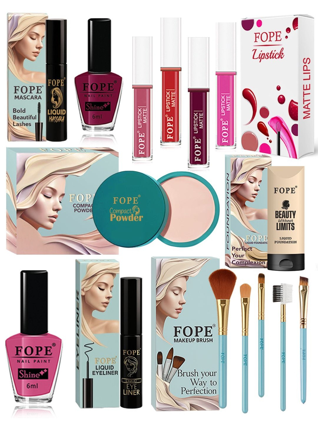 FOPE Set Of 15 Foundation, Compact, Mascara, Lipstick, Nail Polish & Brush Makeup Combo