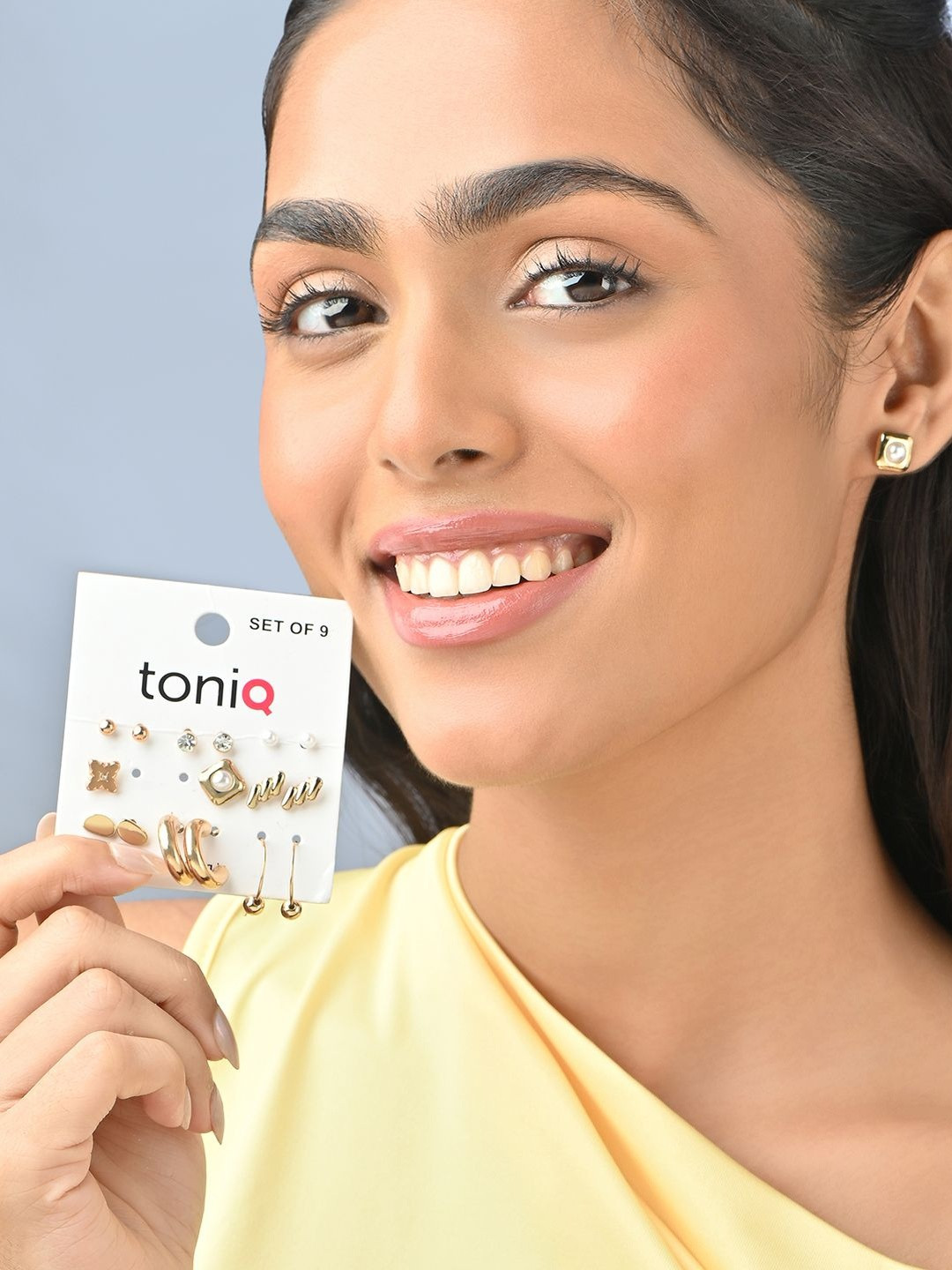 ToniQ Set Of 9 Gold-Plated Geometric Shaped Studs