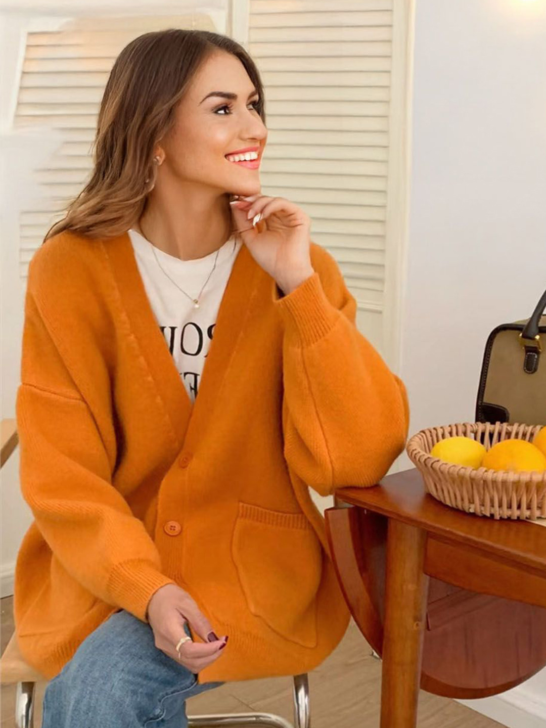 StyleCast Women Solid V-Neck Long Sleeves Oversized Cardigan