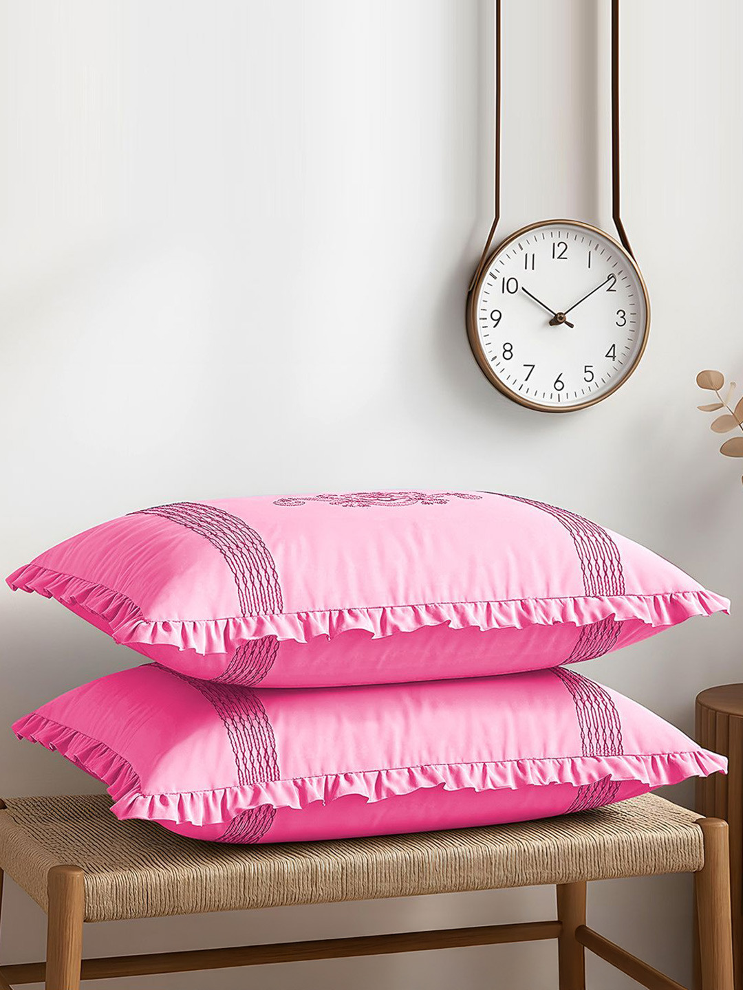 Kuber Industries Pink 2 Pieces Self Design Pure Cotton Pillow Cover with Hidden Zipper