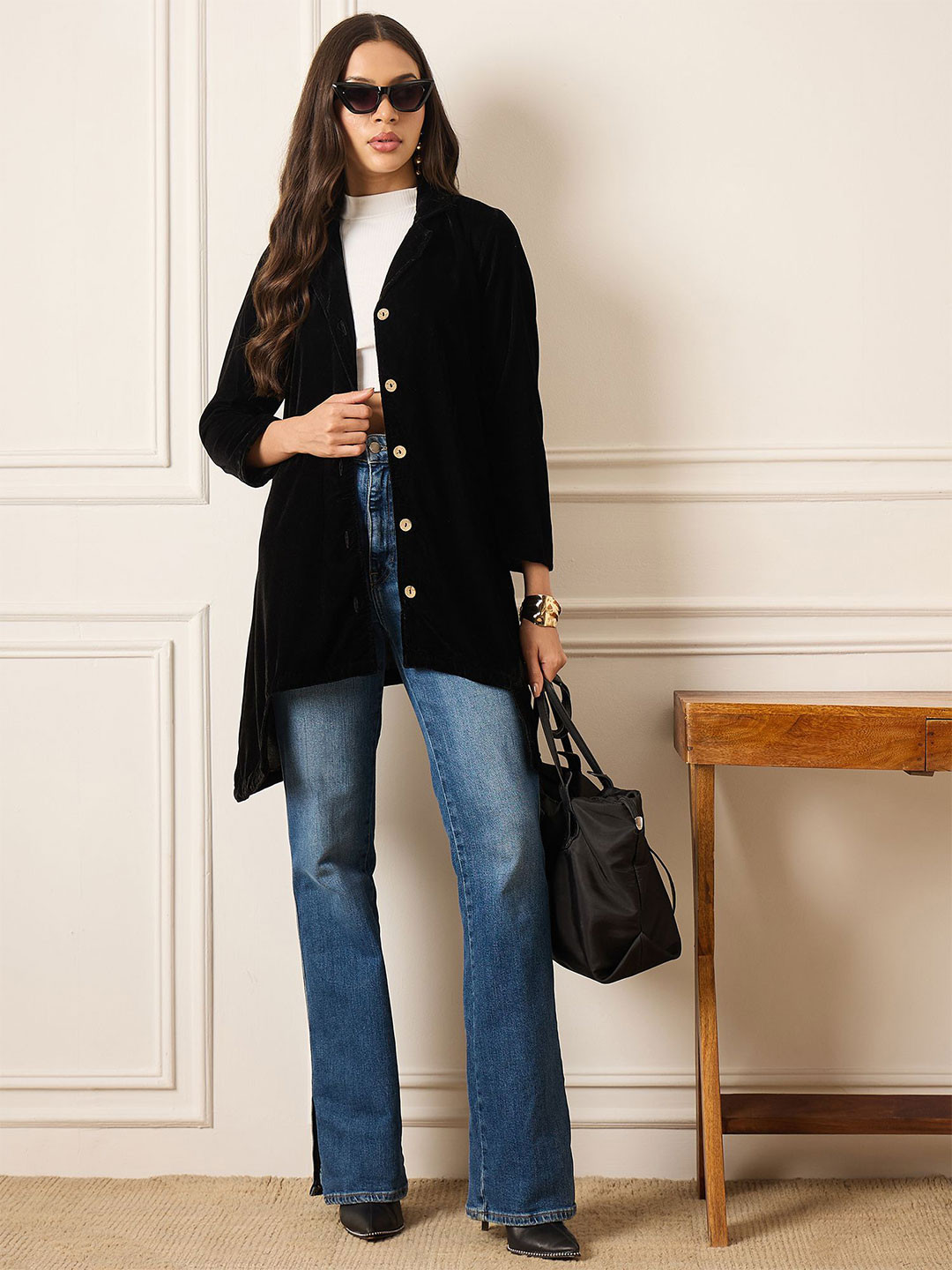 InWeave Velvet Longline Button Shrug