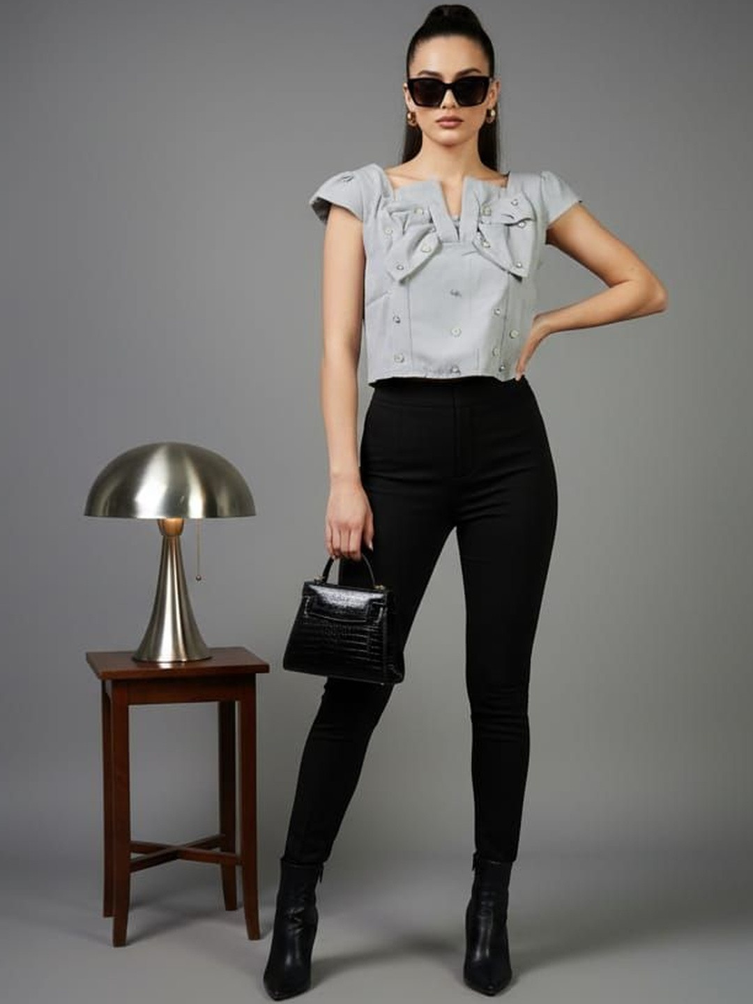 HIGH BUY Women Solid Cap Sleeves Bow Detail Cotton Crop Top