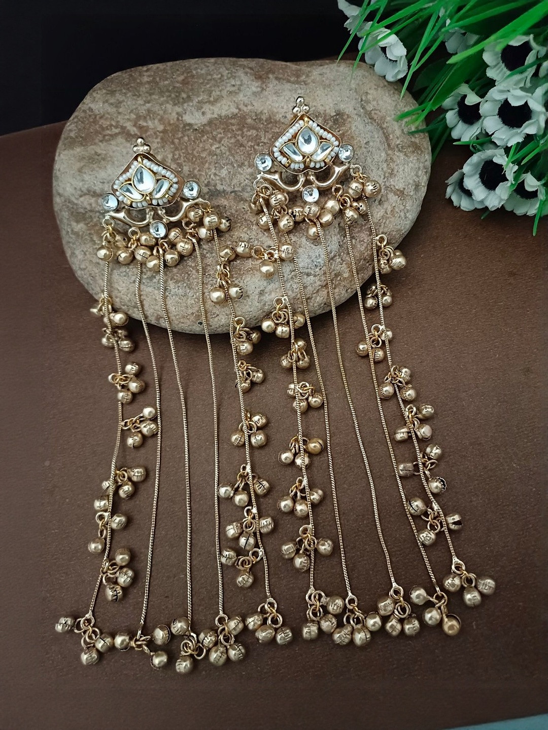 Sanjog Pachi Kundan & Ghungaroo Studded Teardrop Shaped Kashmiri Drop Earrings