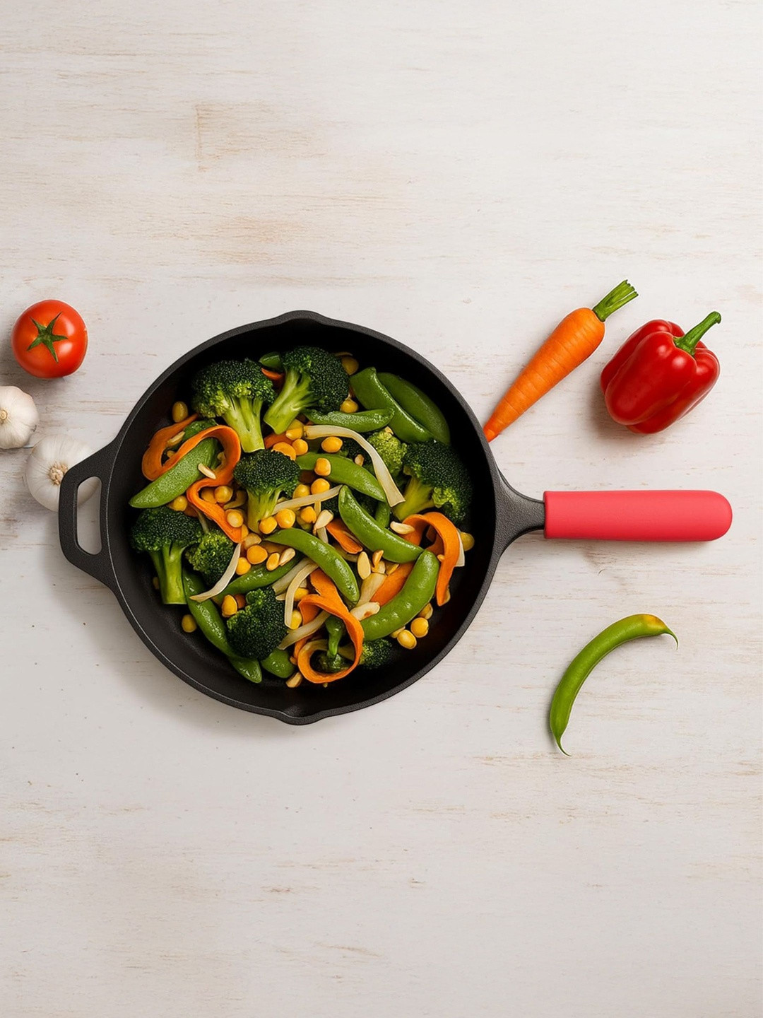 HOMEESSENTIALS Black & Red Cast Iron Non-Stick Frying Pan-25 cm