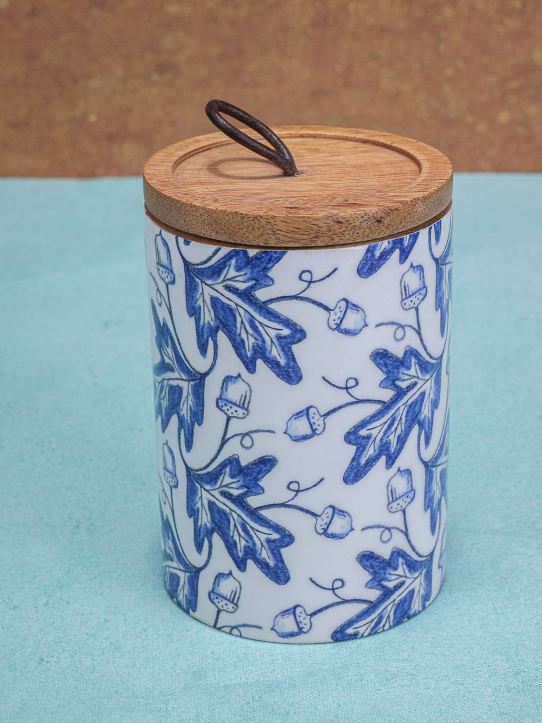Ireka Homes Blue And White Wooden Easy to Clean Canister Container - 0.47 Kg