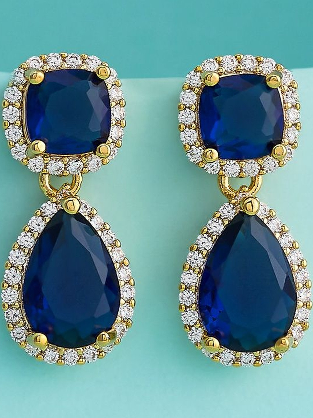 Kushal's Fashion Jewellery Sapphire Gold-Plated Party Zircon Teardrop Shaped Drop Earrings