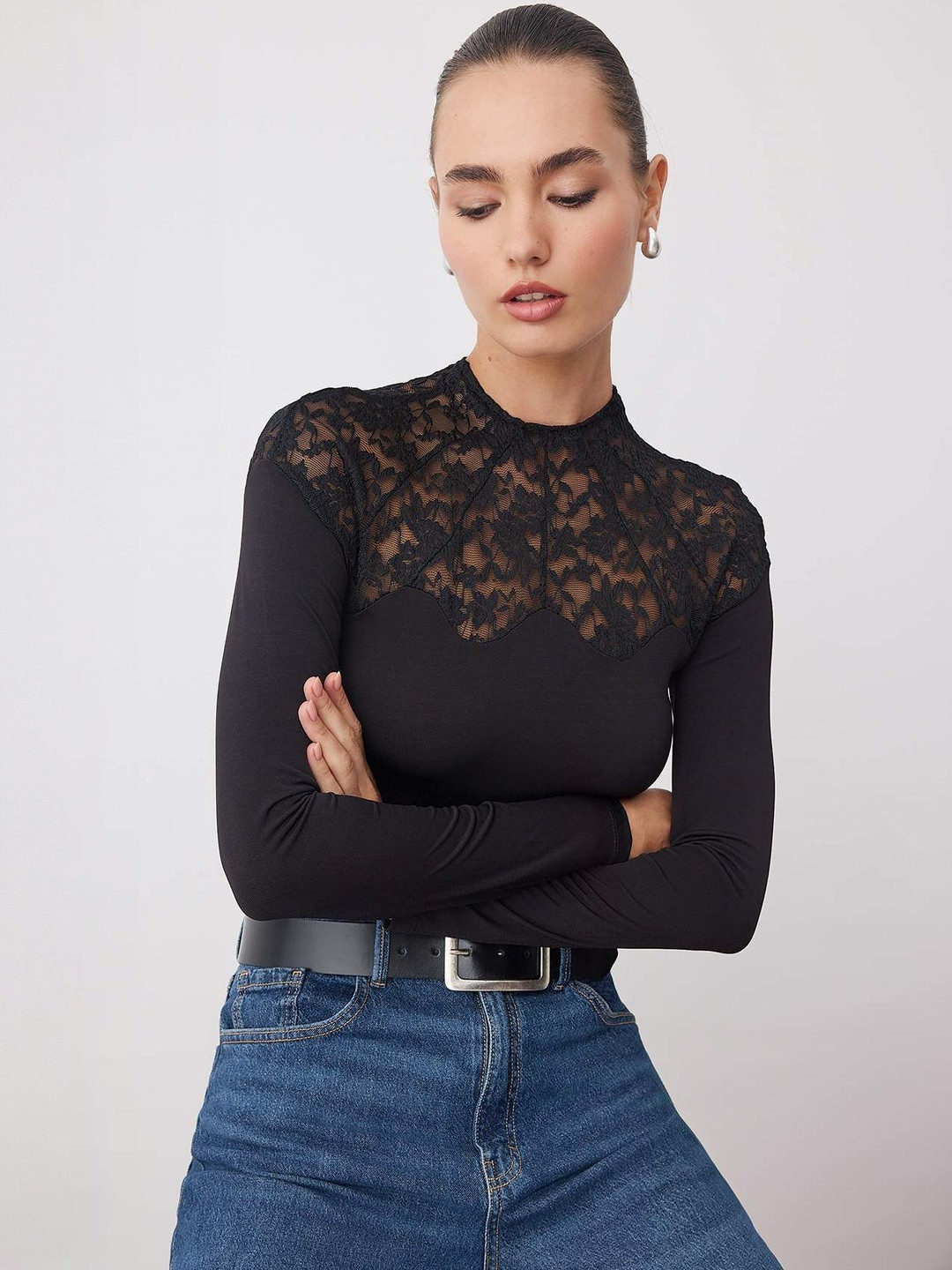 Trendyol Women Ethnic Motifs Lace Design Square Neck Long Sleeves Fitted Top