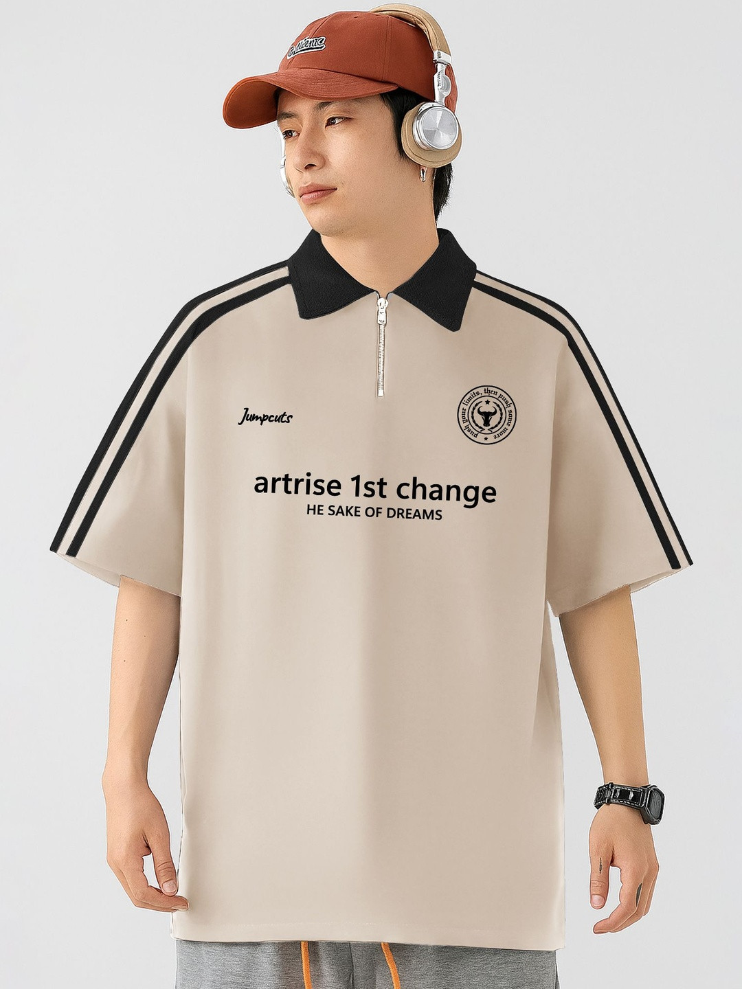 JUMPCUTS Oversized Typography Printed Polo Collar Regular Fit T-Shirt