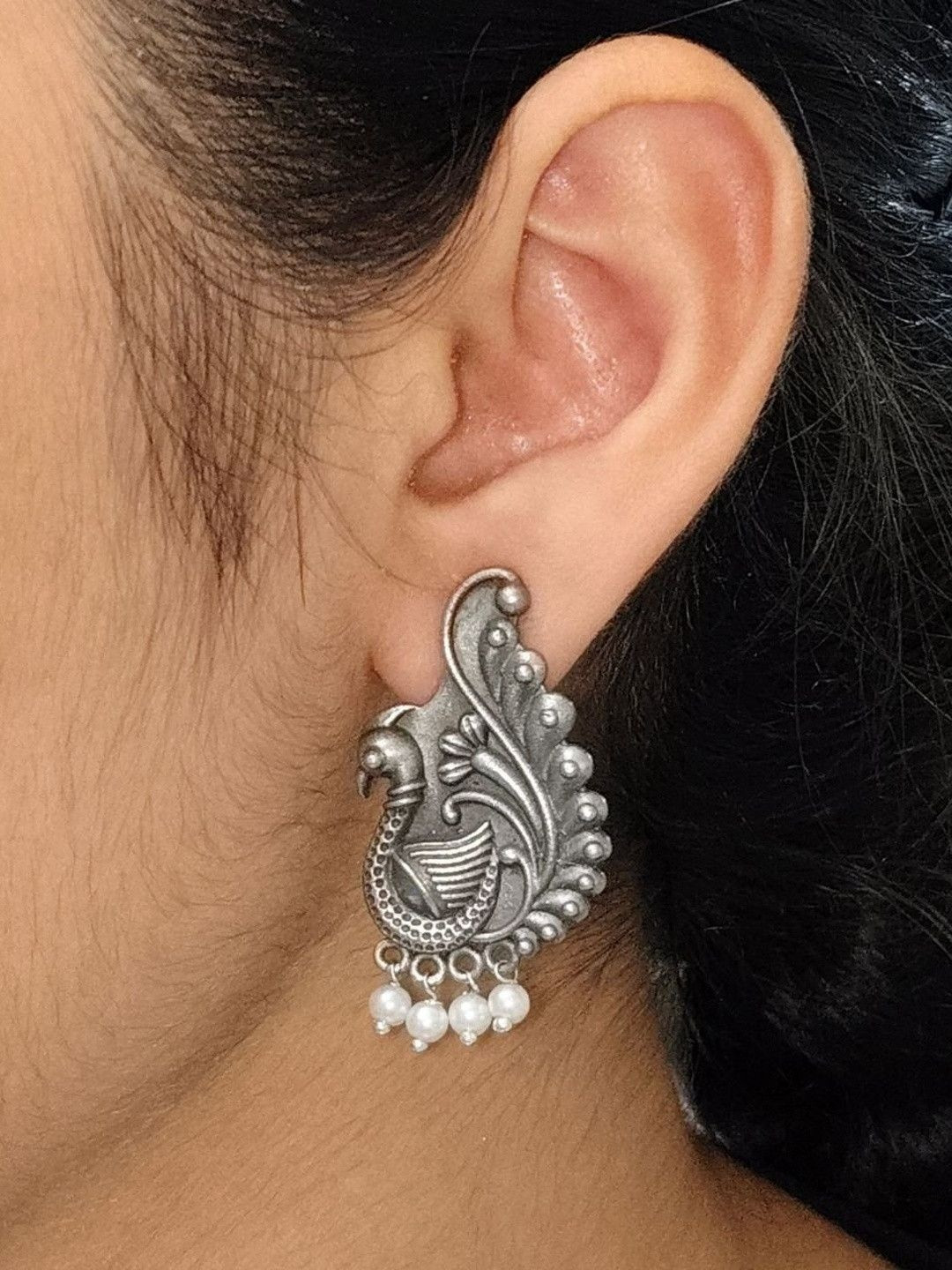 Hardin Style German Silver-Plated Artificial Beaded Peacock Shaped Oxidised Drop Earrings