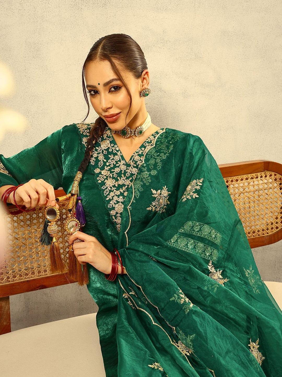 Ishin Green Cording & Zari Embroidered Festive Kurta With Trouser & Dupatta