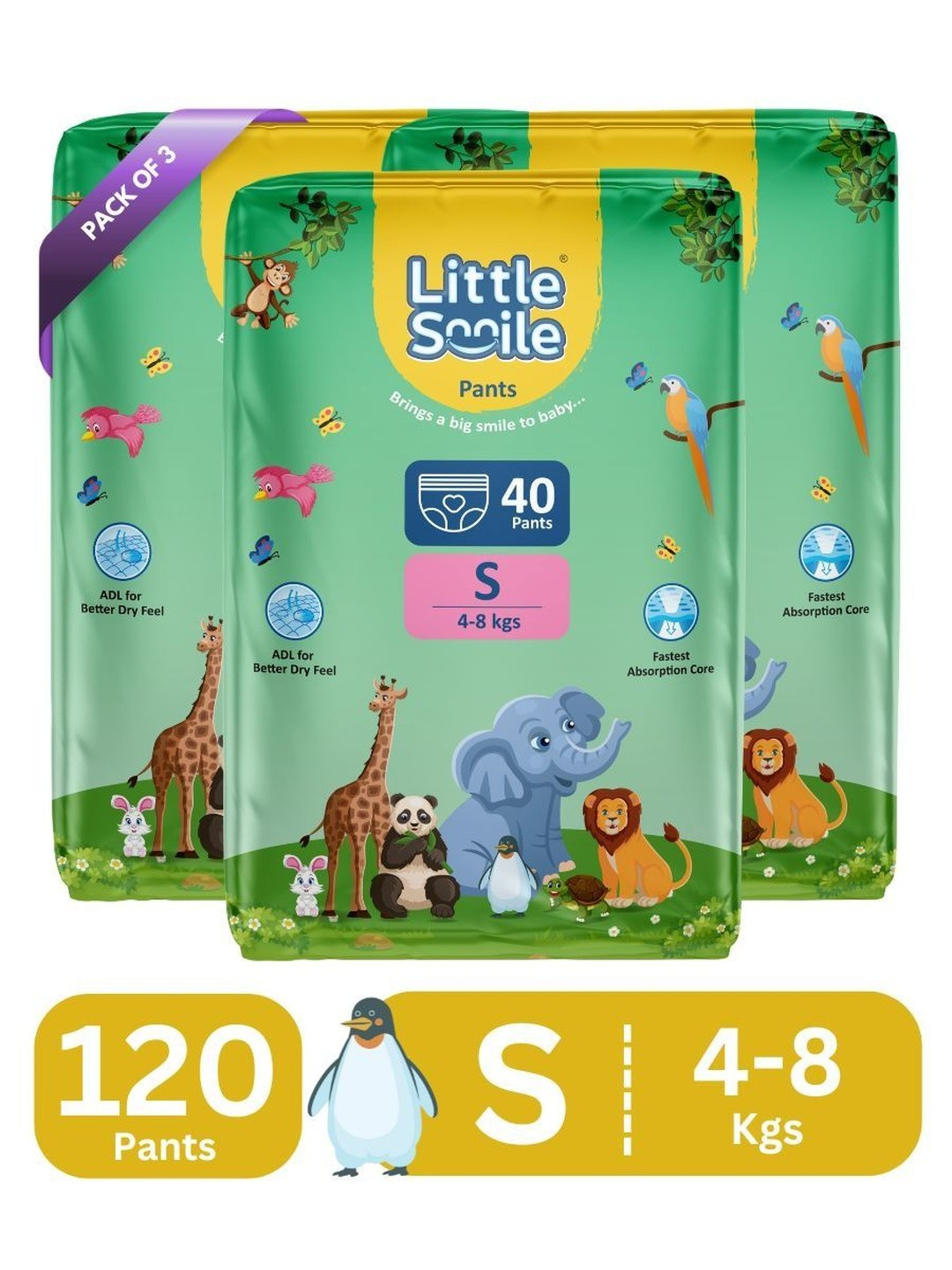 Little Smile Set Of 3 Better Dry Feel Baby Diapers - S - 40 Pcs Each