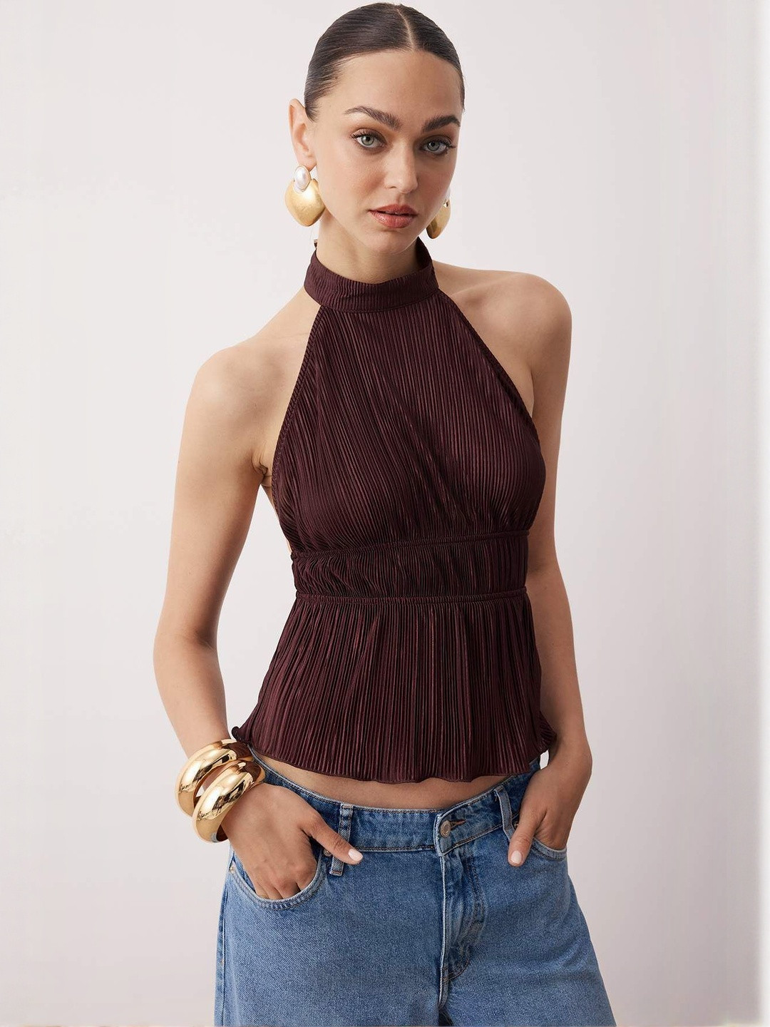 Trendyol Women Solid Ribbed Halter Neck Peplum Top