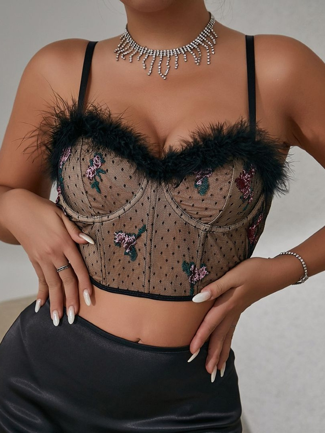 StyleCast Women Self Design Embroidered Faux Fur Trim Sleeveless Tube Crop Top