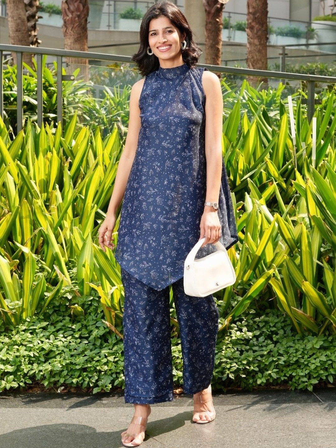 Akaya Luna Mist Printed Mandarin-Neck Tunic With Trouser Co-Ords