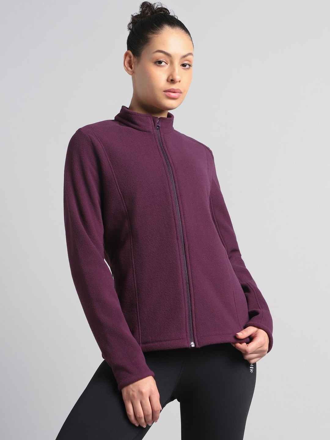 CULT Women Wine Stand Collar Solid Lightweight Sporty Fleece Jacket