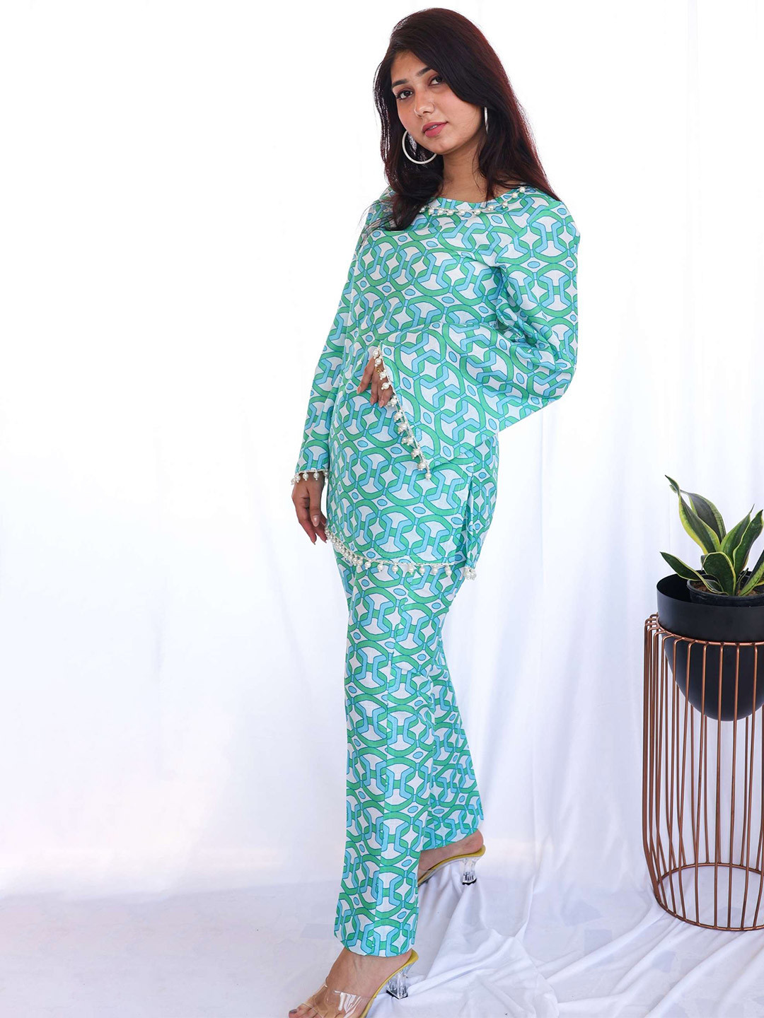 ALLUREARMOIRE Chic Printed Round Neck Tunic With Trousers