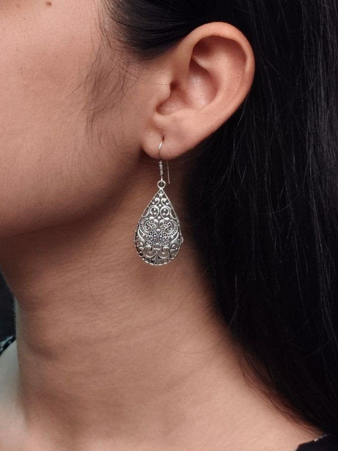 Hardin Style German Silver-Plated Teardrop Shaped Oxidised Drop Earrings