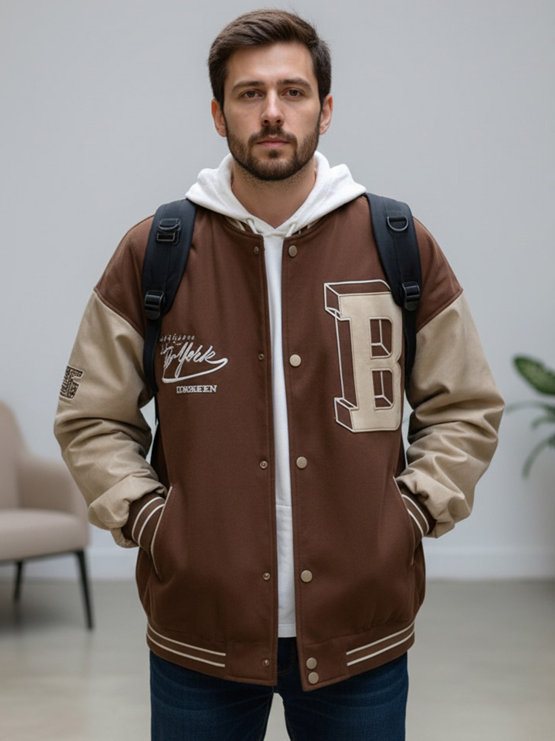 Mast & Harbour Men Collarless Brand Logo Printed Varsity Jacket