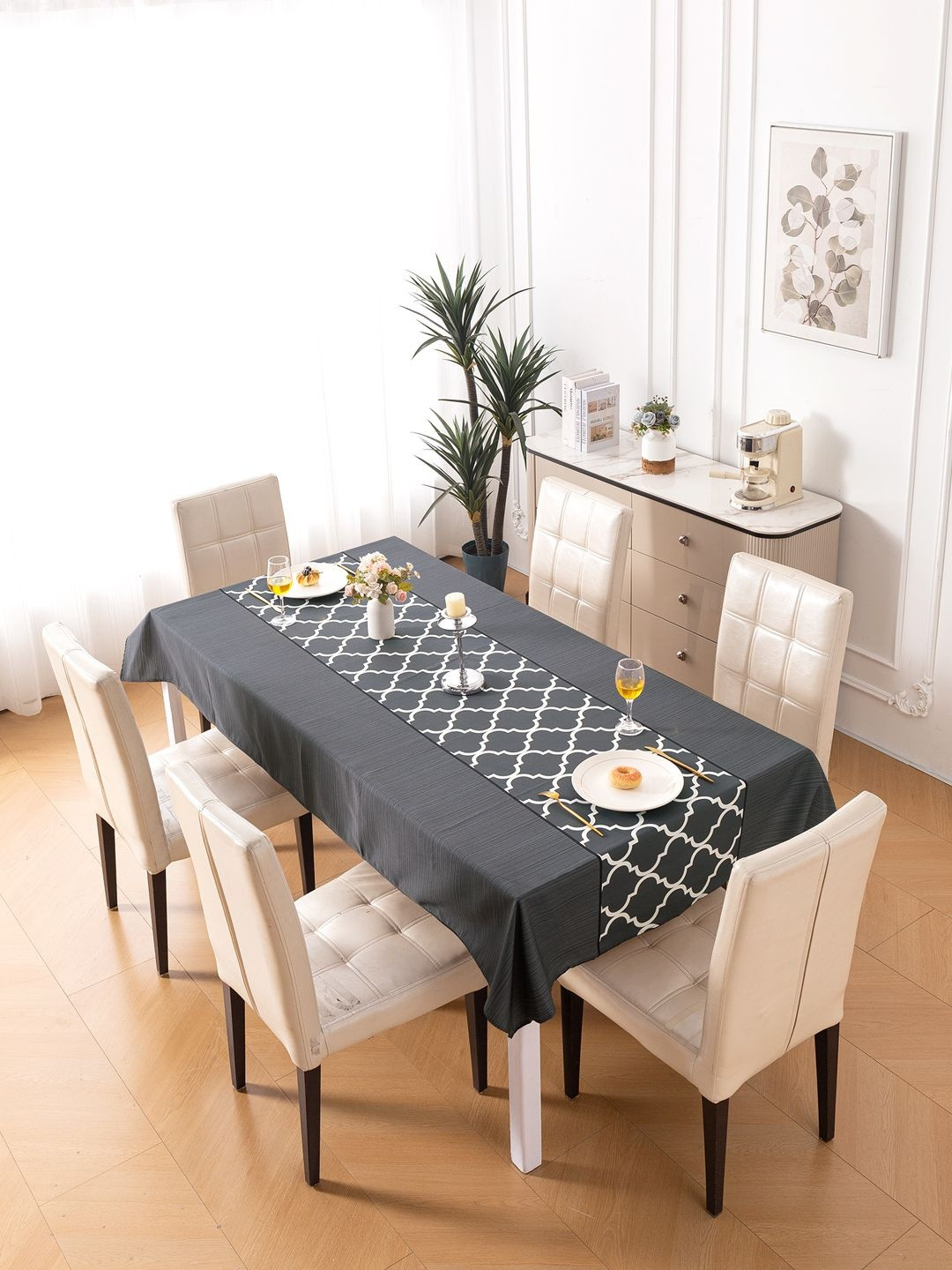 HOKIPO Grey Trellis Table Cloth for 6 Seater Dining Table Cover 55x87 inches