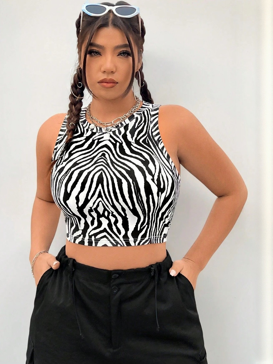 CILIMILI Animal Print Jewel Neck Crop Top