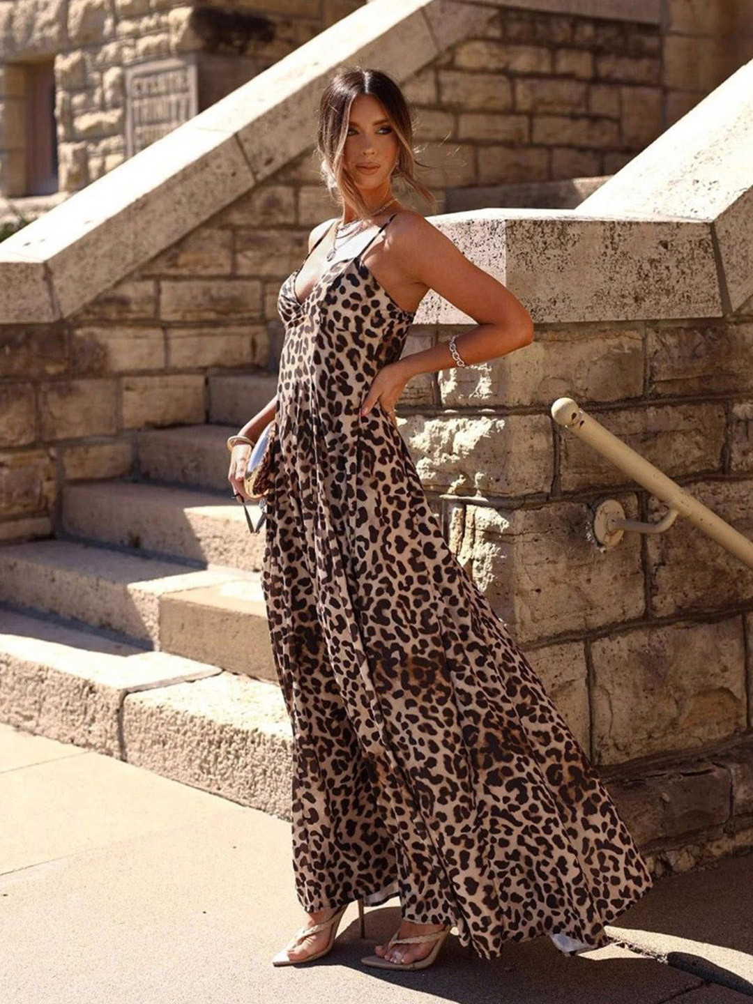 HERE&NOW Women Leopard Printed Shoulder Straps Maxi Dress