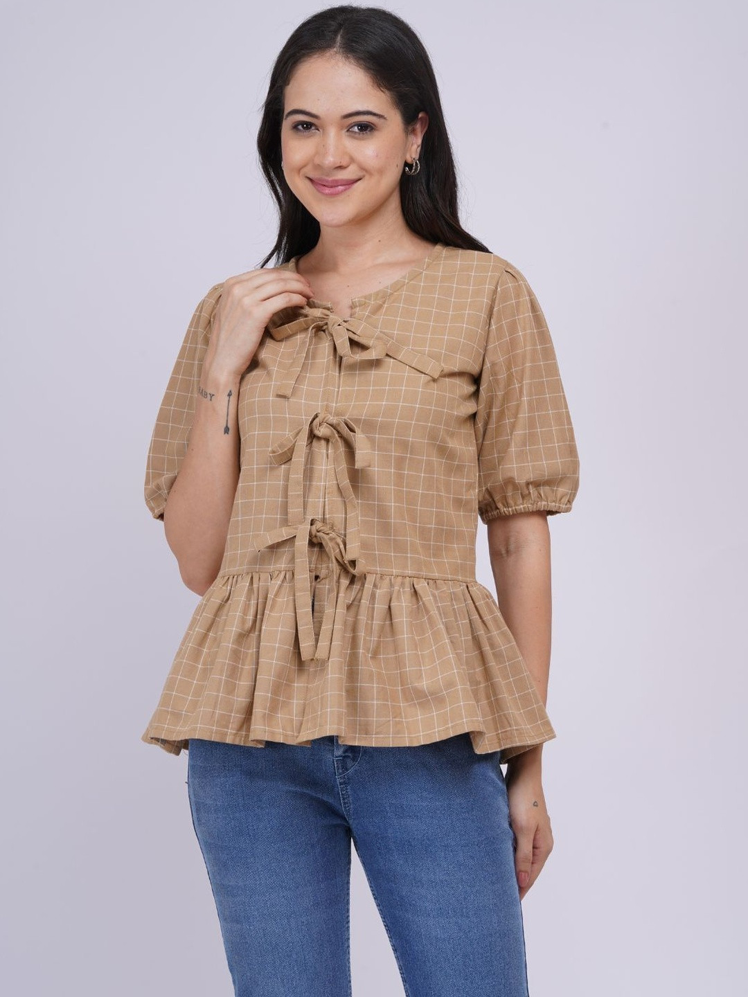 Minimul Checked Tie-Up Neck Puff Sleeve Cotton Peplum Top