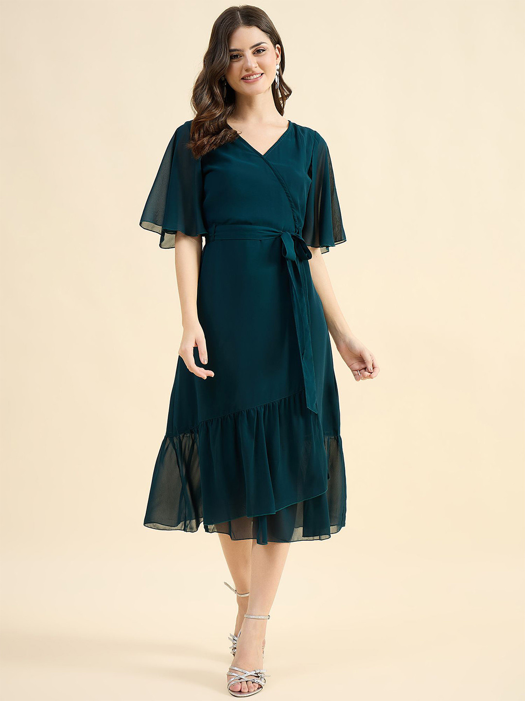 PANIT Flutter Sleeve Ruffled Georgette Midi Dress