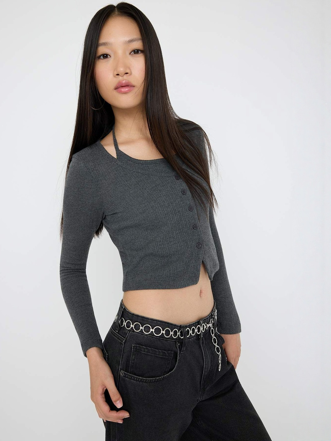 Trendyol Women Ribbed Halter Neck Long Sleeves Tank Crop Top