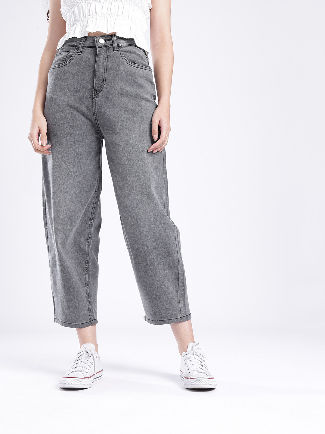 glitchez Women Barrel Fit Medium Grey Stretchable Jeans