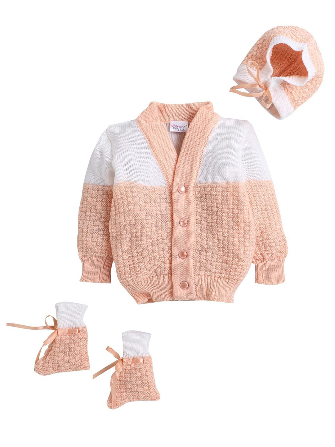 Little Angels Unisex Baby Colourblocked Woollen Cardigan Sweaters With Cap and Socks Set