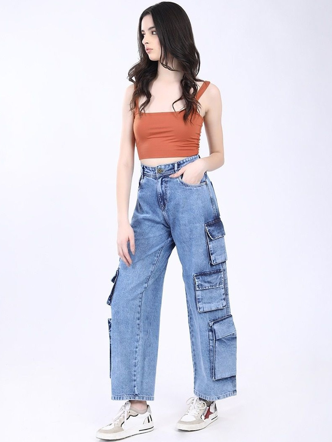 BUBBY-L-AREANA Women Baggy Fit High-Rise Light Fade Denim Cargo Style Jeans