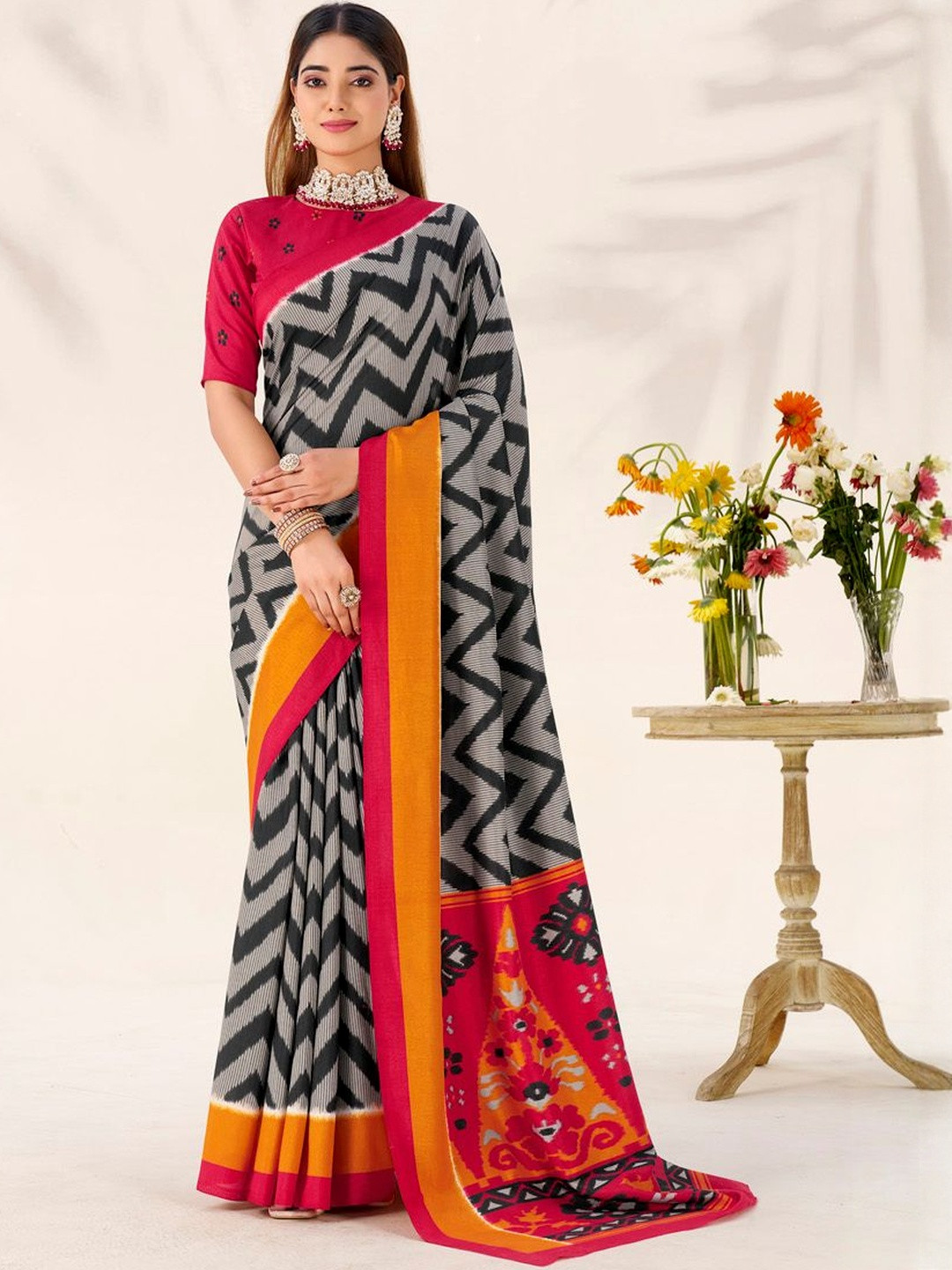 LOOKNBOOK ART Abstract Printed Solid Border Tussar Saree With An Unstitched Blouse Piece