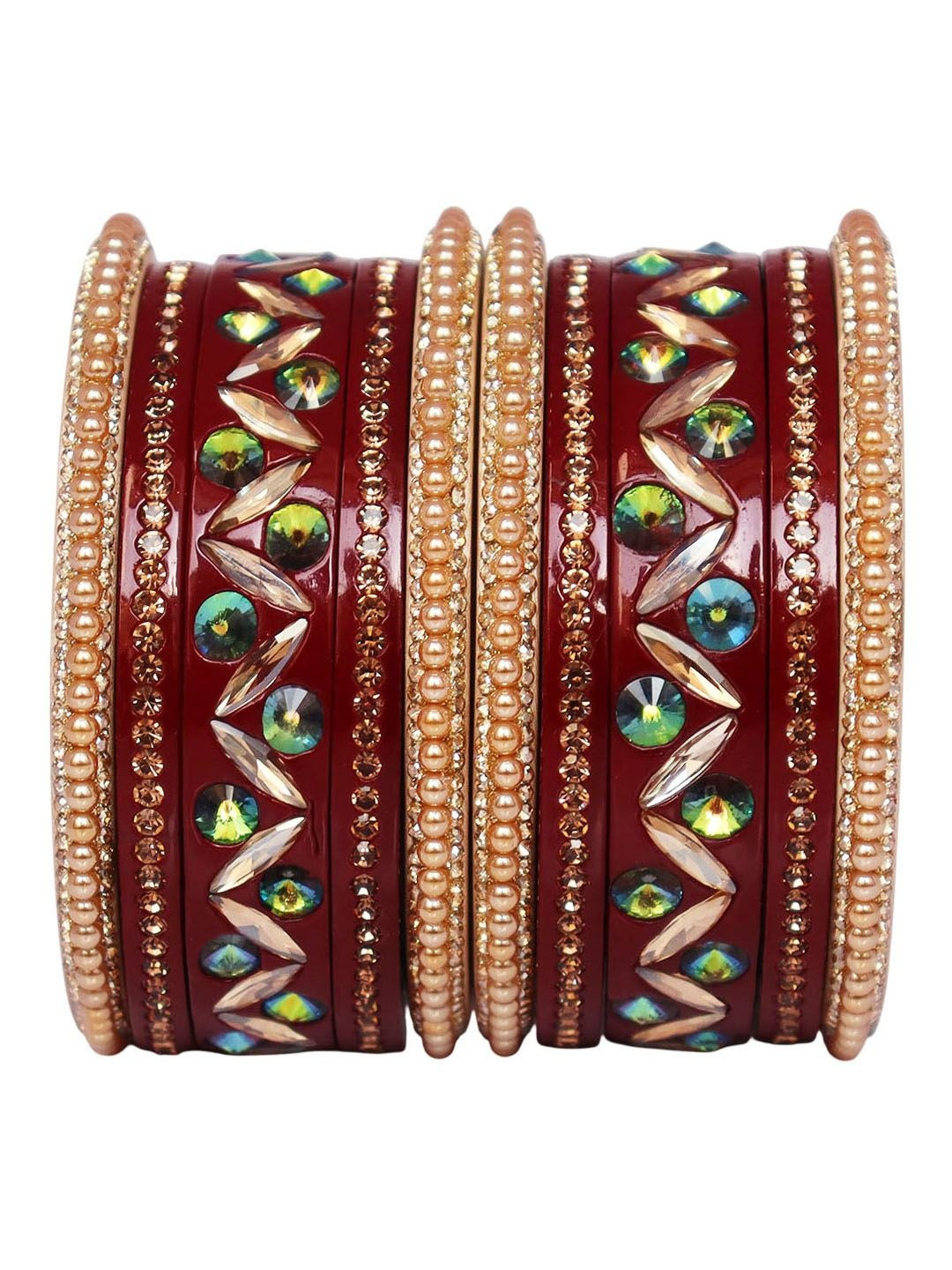TAJ BRIDAL STORE Set Of 10 Kundan-Studded & Beaded Bridal-Style Bangles