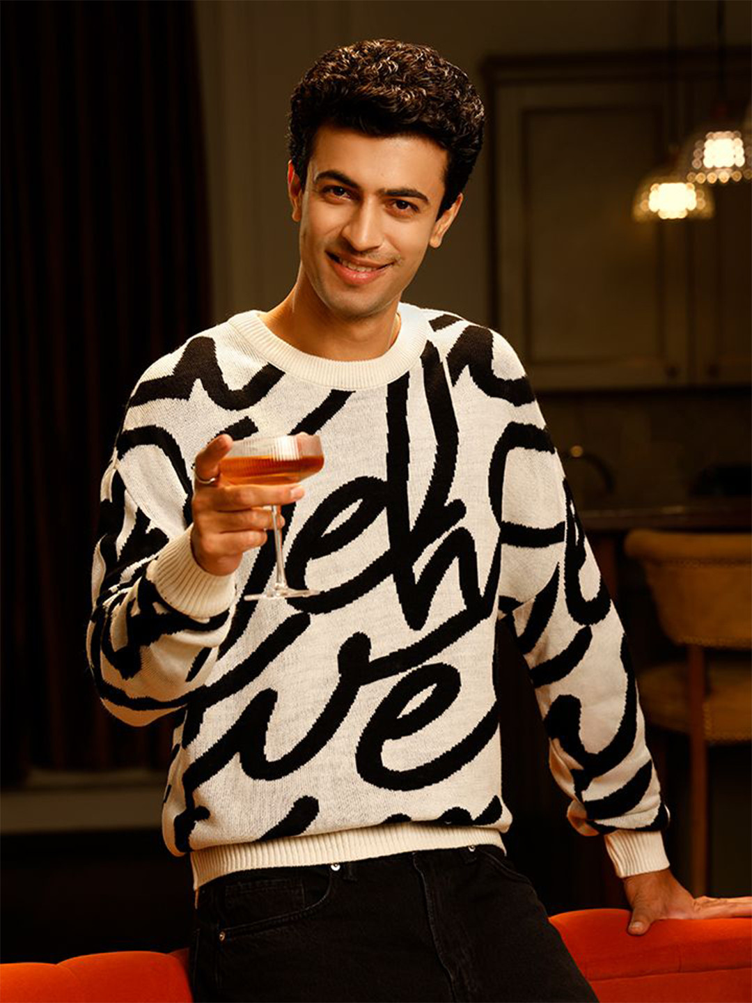 KINGDOM OF WHITE Men Jacquard Knitted Oversized Sweater